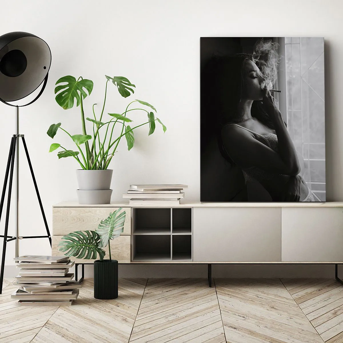 Quadro su tela - Stampe su Tela - Una donna in posa sensuale in una fotografia in bianco e nero - 50x70cm - Attimo sensuale - Decorazione murale moderna per soggiorno e camera da letto ARTTOR