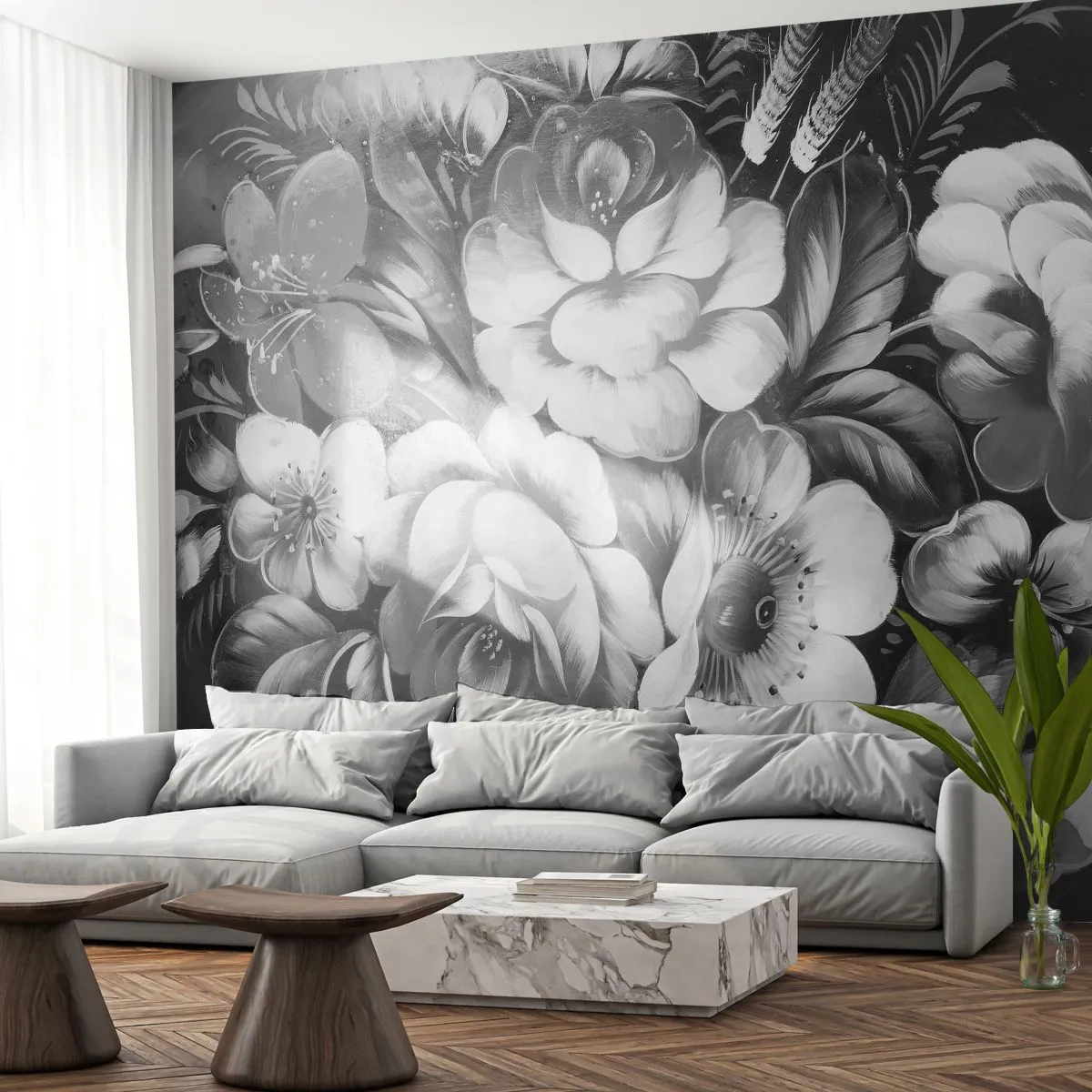Fotomurali Premium Canvas - Fiori bianchi e neri in una composizione classica ed elegante - 100x70cm - Belli anche in grigio - Decorazione murale moderna per soggiorno e camera da letto ARTTOR