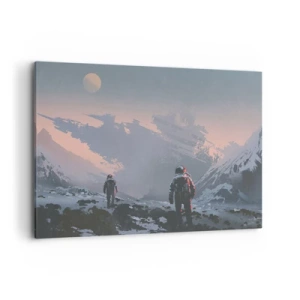 Quadro su tela - Stampe su Tela - Astronauti su un pianeta alieno con un relitto di astronave - 120x80cm - Sotto una stella sconosciuta - Decorazione murale moderna per soggiorno e camera da letto ARTTOR