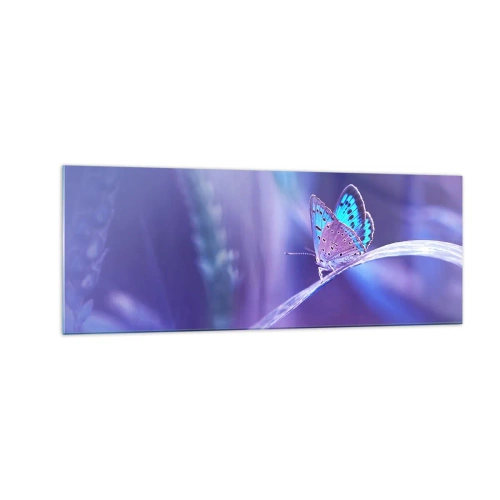 Quadro su vetro - Una delicata farfalla blu su uno stelo in luce viola - 140x50cm - Gioielli della natura - Decorazione murale moderna per soggiorno e camera da letto ARTTOR