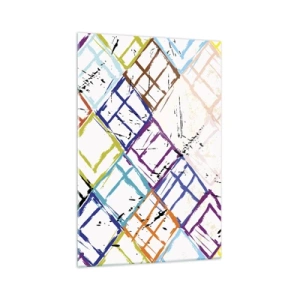 Quadro su vetro - Astrazione colorata con forme geometriche su sfondo bianco - 70x100cm - Cellule in affitto - Decorazione murale moderna per soggiorno e camera da letto ARTTOR