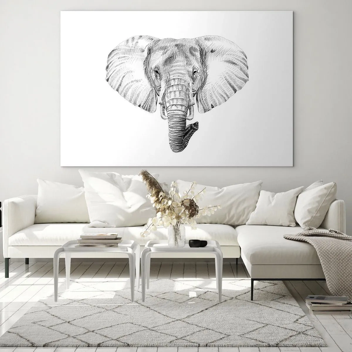 Quadro su vetro - Disegno in bianco e nero della testa di un elefante su sfondo bianco - 70x50cm - C'era un volta un elefante - Decorazione murale moderna per soggiorno e camera da letto ARTTOR