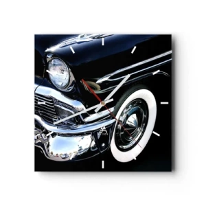 Orologio da parete - Orologio in Vetro - Primo piano del faro e del parafango di un'auto classica nera - 30x30cm - Classicità in argento, nero e bianco - Decorazione murale moderna per soggiorno e camera da letto ARTTOR