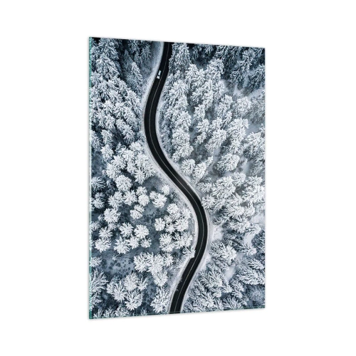Quadro su vetro - Una strada tortuosa attraverso una foresta invernale vista da un drone - 50x70cm - Attraverso il bosco invernale - Decorazione murale moderna per soggiorno e camera da letto ARTTOR