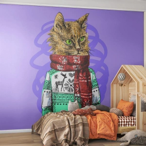 Fotomurali Standard Eco - Un gatto con un maglione invernale e una sciarpa su uno sfondo viola - 100x70cm - Un gatto non solo con gli stivali - Decorazione murale moderna per soggiorno e camera da letto ARTTOR