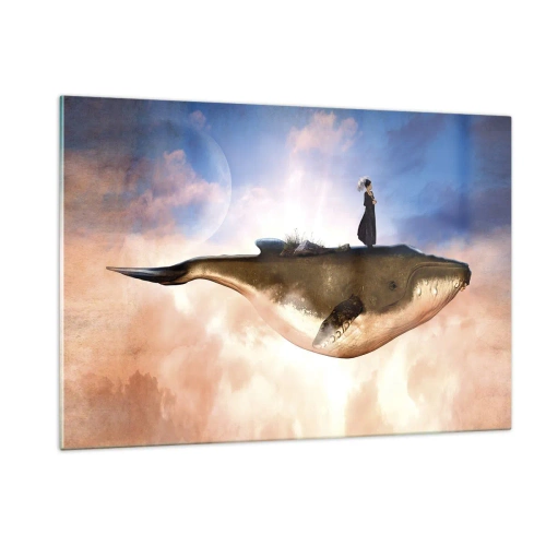 Quadro su vetro - Una balena fantastica che fluttua tra le nuvole con una donna sul dorso. - 120x80cm - Viaggio surreale - Decorazione murale moderna per soggiorno e camera da letto ARTTOR