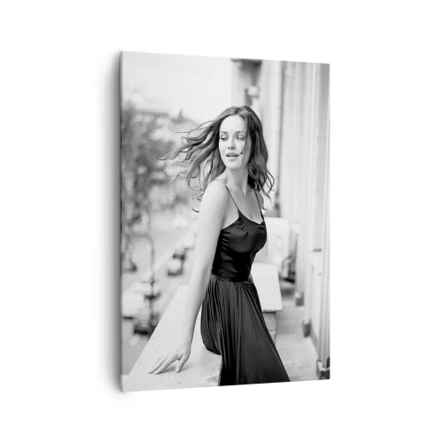 Quadro su tela - Stampe su Tela - Foto in bianco e nero di una donna su un balcone - 70x100cm - Sicuramente parigina - Decorazione murale moderna per soggiorno e camera da letto ARTTOR