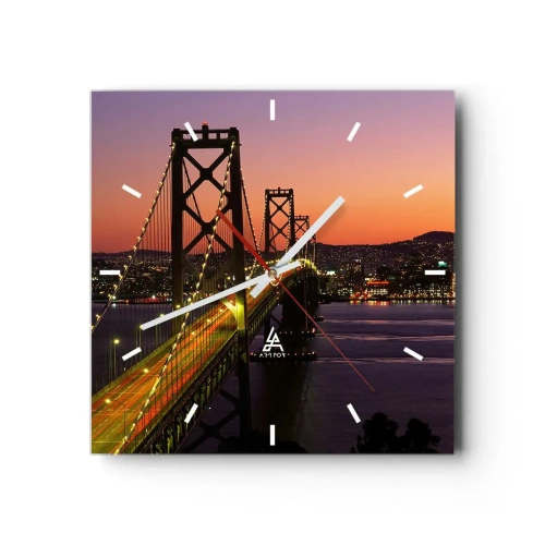 Orologio da parete - Orologio in Vetro - Un ponte illuminato di notte sull'acqua con vista panoramica sulla città - 30x30cm - Serata in viola - Decorazione murale moderna per soggiorno e camera da letto ARTTOR