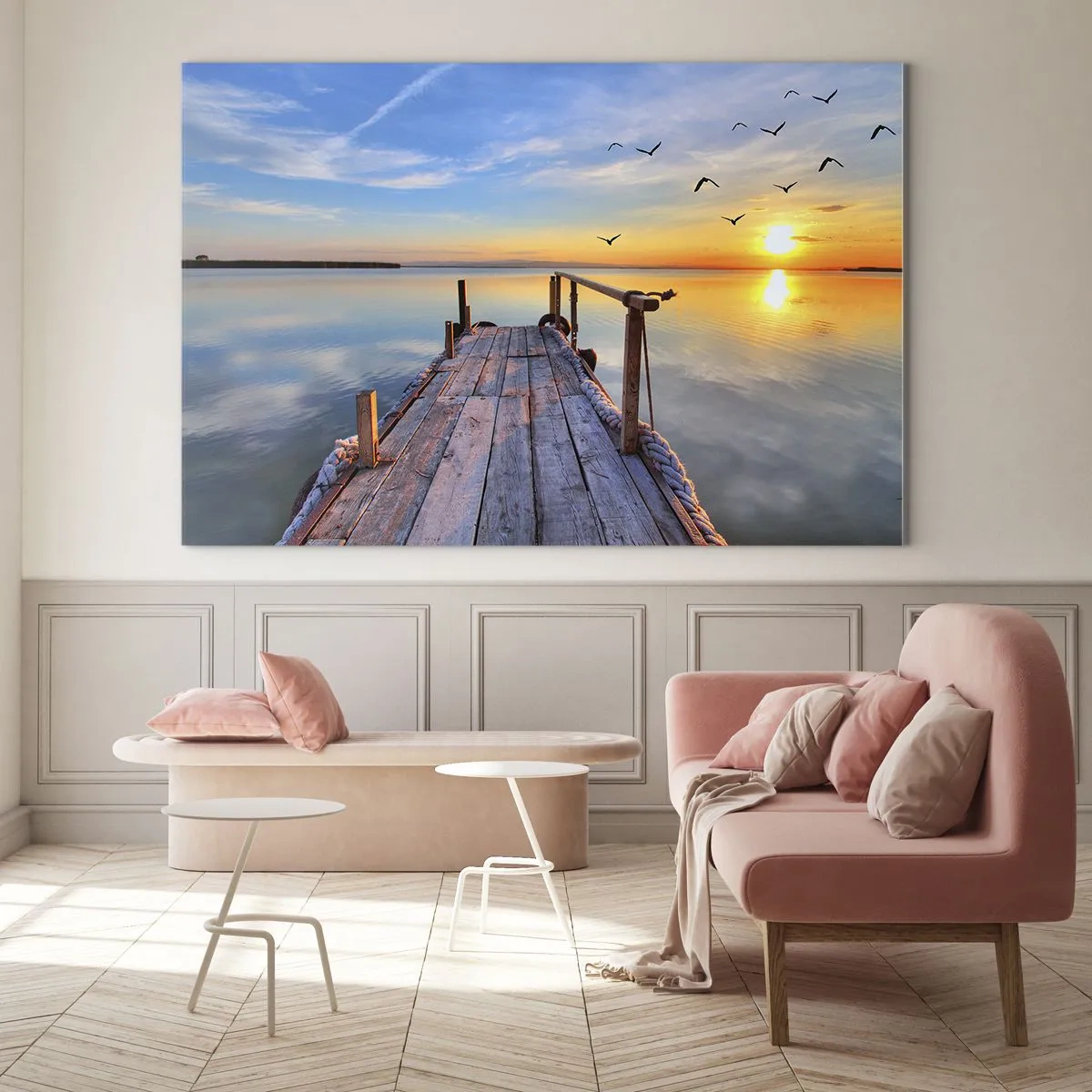 Quadro su vetro - Molo di legno sul lago al tramonto - 70x50cm - Camminando verso il sole - Decorazione murale moderna per soggiorno e camera da letto ARTTOR