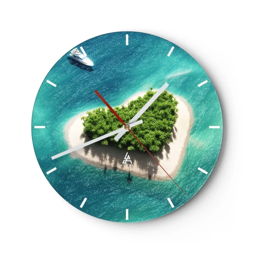 Orologio da parete - Orologio in Vetro - Un'isola a forma di cuore sullo sfondo di un mare turchese - 30x30cm - Amo l'estate - Decorazione murale moderna per soggiorno, cucina e camera da letto ARTTOR