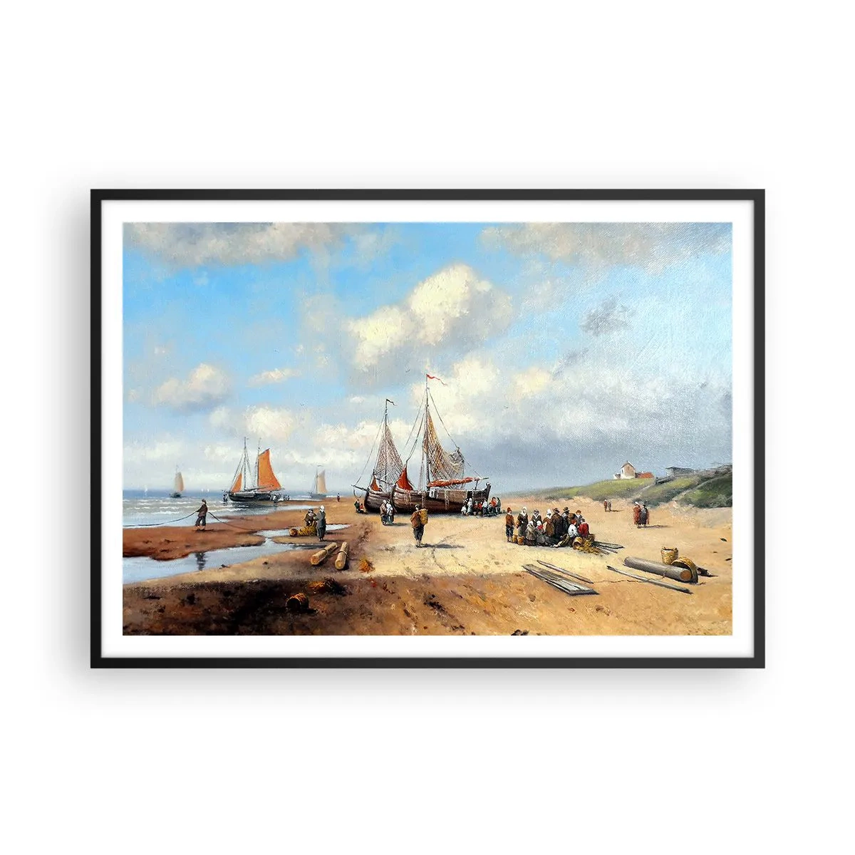 Poster in cornice nera - Barche da pesca sulla spiaggia con figure umane - 100x70cm - Dopo una buona pesca - Decorazione murale moderna per soggiorno e camera da letto ARTTOR