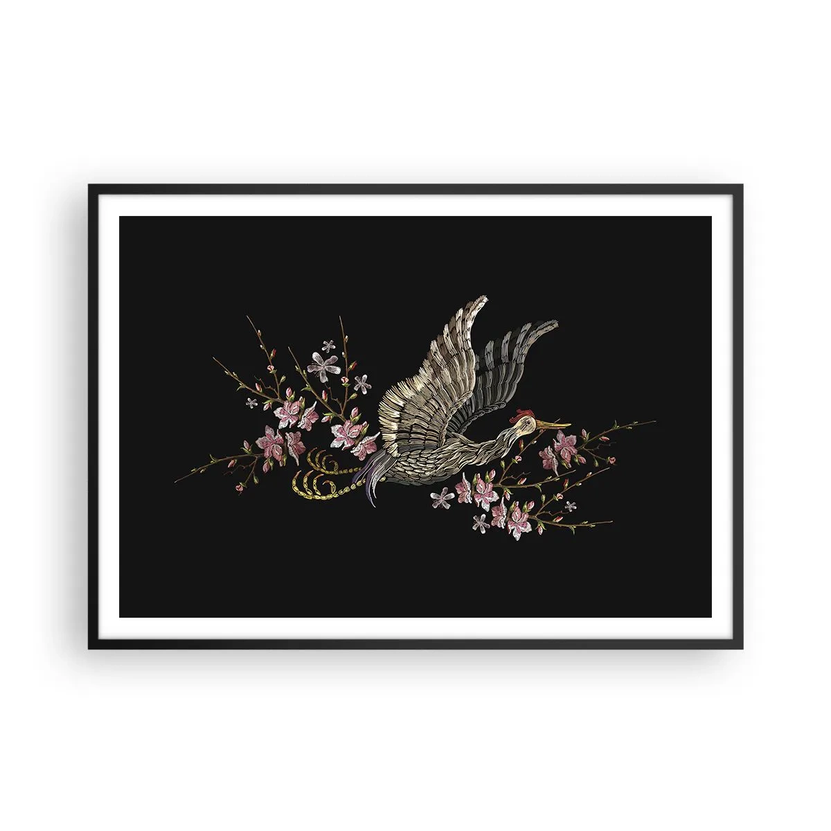 Poster in cornice nera - Un uccello in volo con fiori su sfondo nero - 100x70cm - Uccello esotico ricamato - Decorazione murale moderna per soggiorno e camera da letto ARTTOR