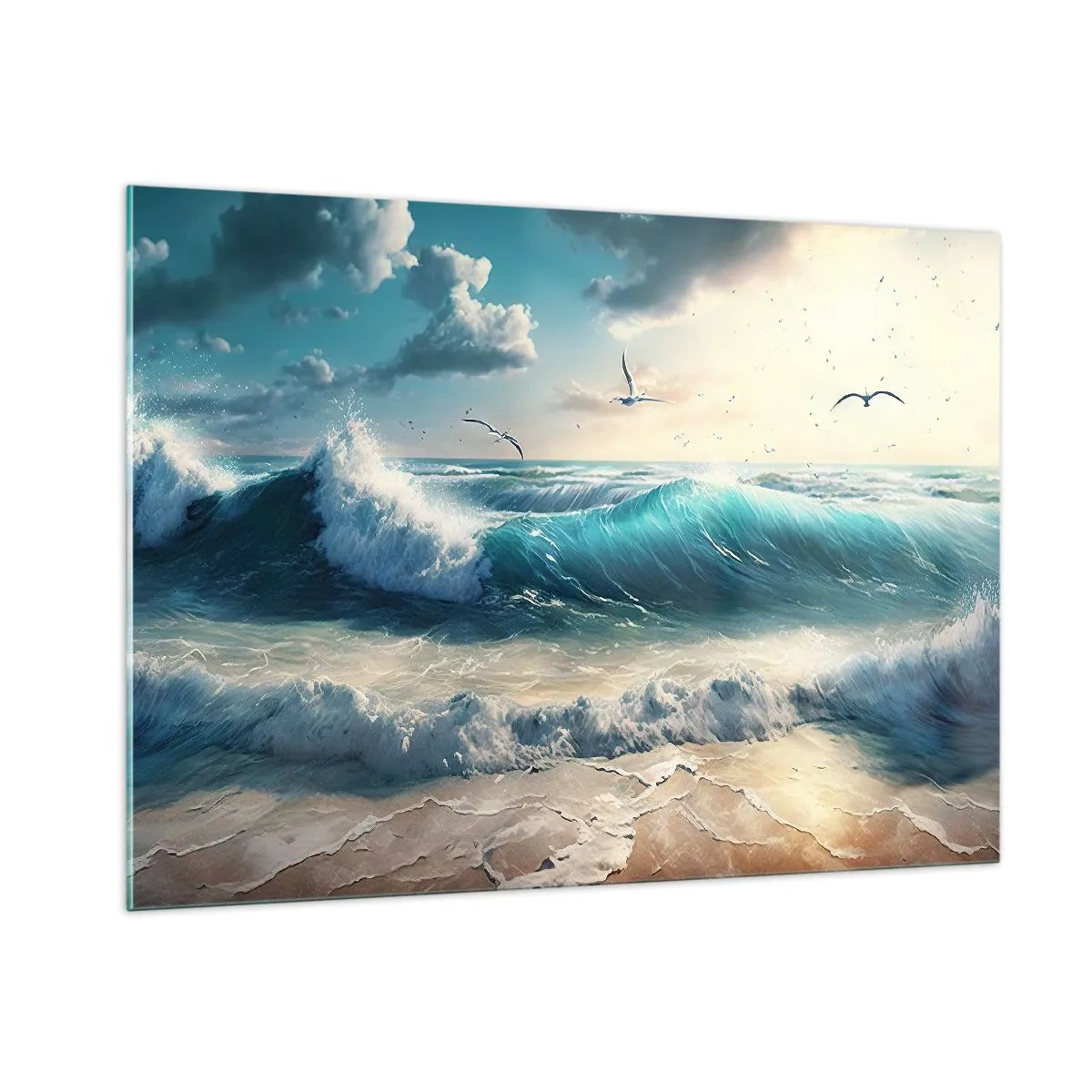 Quadro su vetro - Onde che si infrangono sulla riva nella luce del mattino - 100x70cm - Mormora solo per te - Decorazione murale moderna per soggiorno e camera da letto ARTTOR