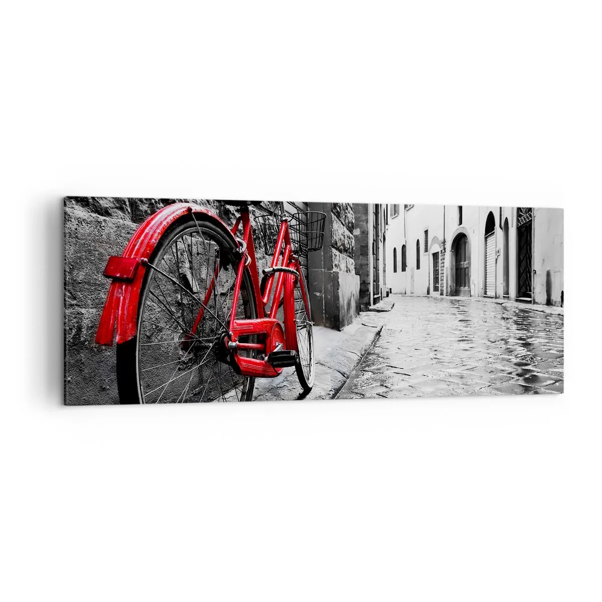 Quadro su tela - Stampe su Tela - Bicicletta rossa in una strada bianca e nera - 140x50cm - La vera bellezza non invecchia - Decorazione murale moderna per soggiorno e camera da letto ARTTOR