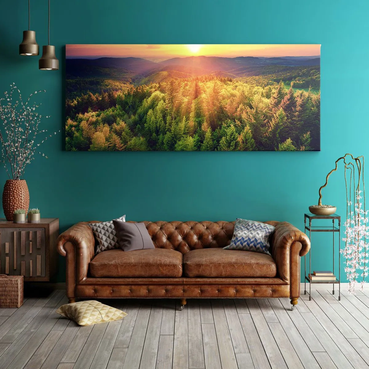 Quadro su tela - Stampe su Tela - Paesaggio forestale con tramonto sulle colline - 160x50cm - Vette e cime - Decorazione murale moderna per soggiorno e camera da letto ARTTOR