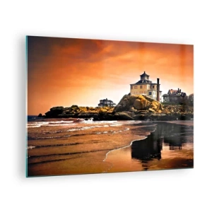 Quadro su vetro - Casa su una scogliera con vista sul mare al tramonto - 70x50cm - L'eleganza della costa ovest - Decorazione murale moderna per soggiorno e camera da letto ARTTOR