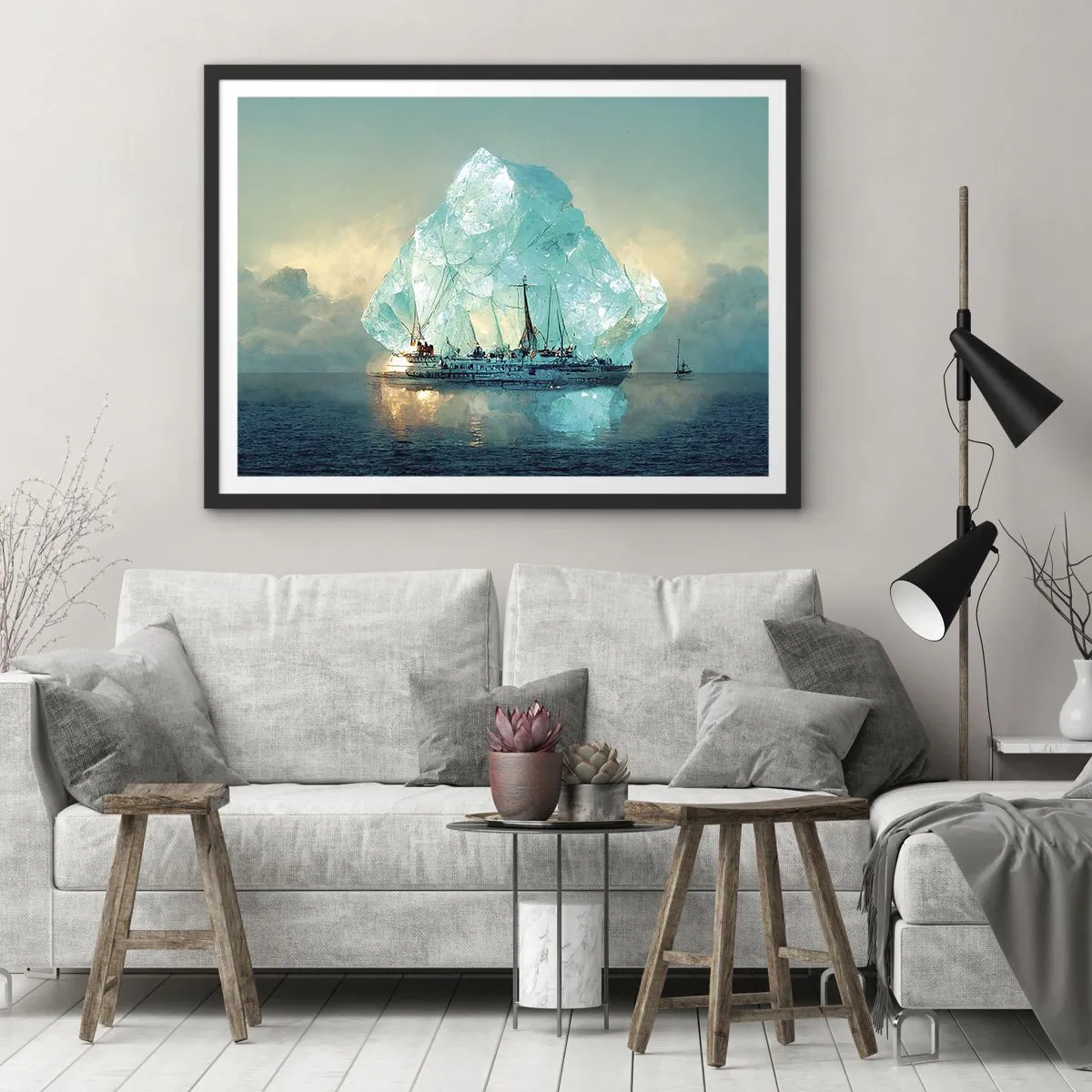 Poster in cornice nera - Una nave con un maestoso iceberg sullo sfondo - 70x50cm - Brillante artico - Decorazione murale moderna per soggiorno e camera da letto ARTTOR