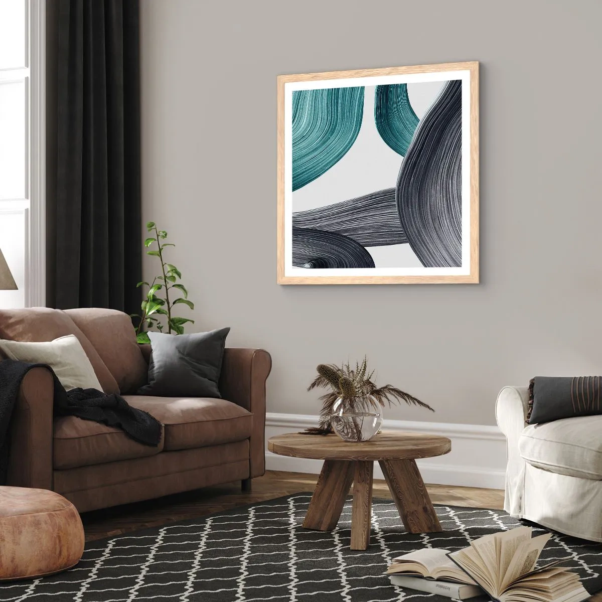 Poster in cornice rovere chiaro - Tracce smeraldo e nero - 60x60 cm