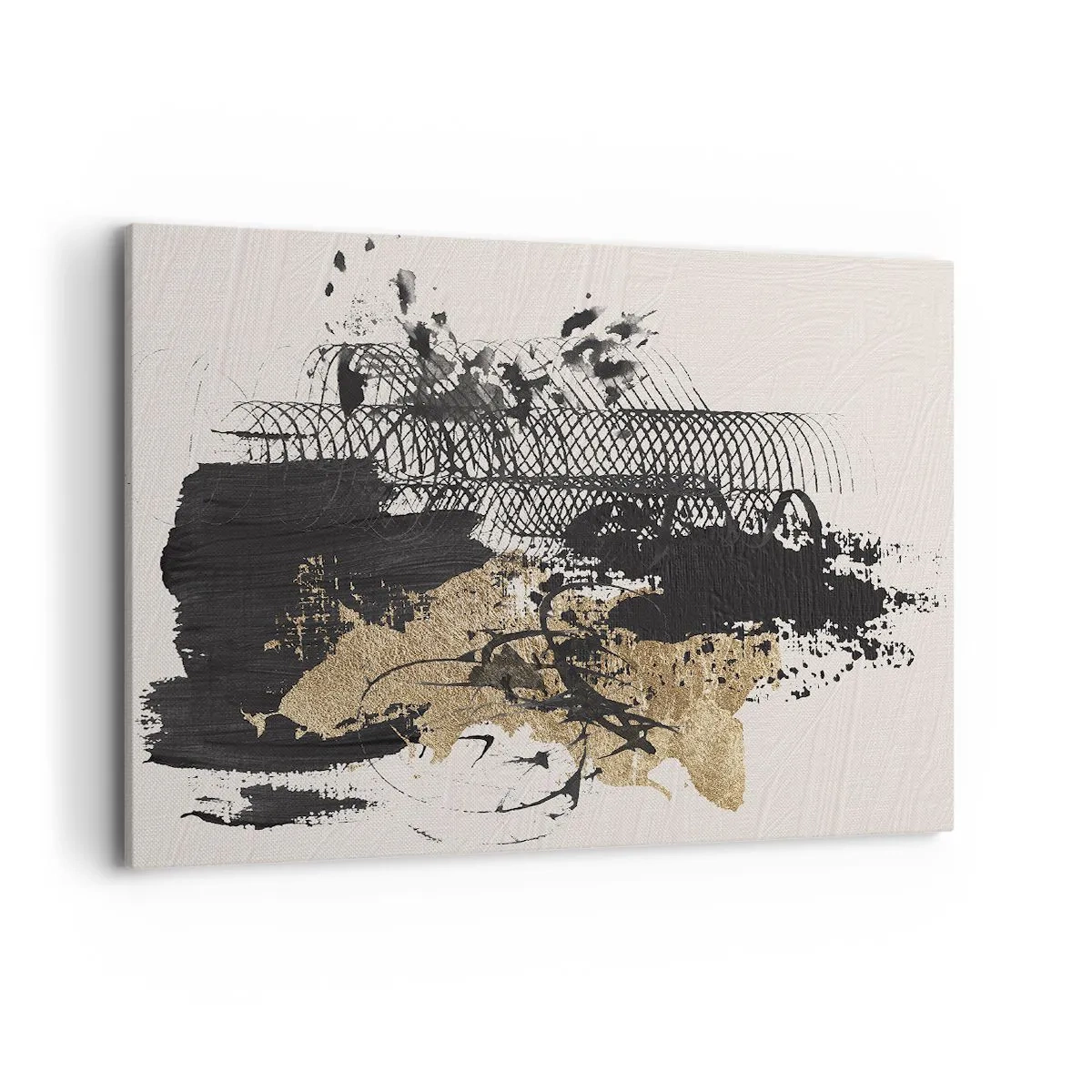 Quadro su tela - Stampe su Tela - Un dipinto astratto in nero e oro con linee e strutture dinamiche. - 100x70cm - Composizione con passione - Decorazione murale moderna per soggiorno e camera da letto ARTTOR