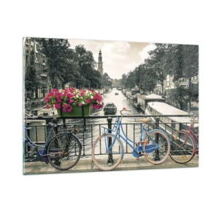 Quadro su vetro - Biciclette colorate sul ponte del canale - 120x80cm - I colori delle strade di Amsterdam - Decorazione murale moderna per soggiorno e camera da letto ARTTOR