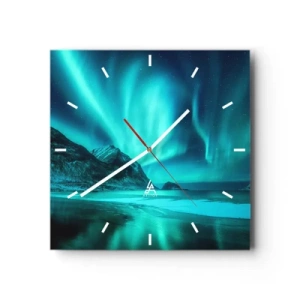 Orologio da parete - Orologio in Vetro - Aurora boreale su un paesaggio invernale montuoso - 30x30cm - Miracolo del Nord - Decorazione murale moderna per soggiorno e camera da letto ARTTOR