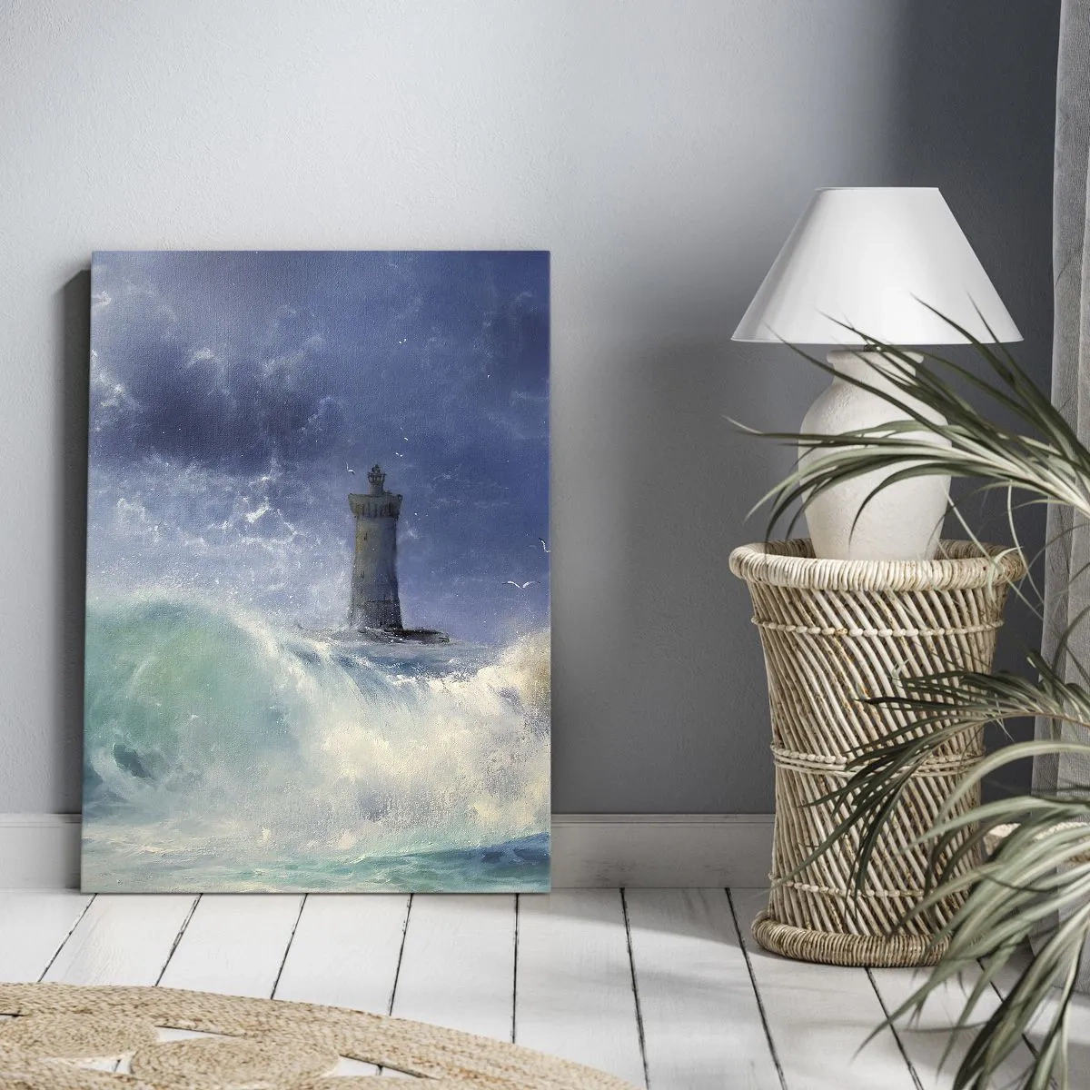 Quadro su tela - Stampe su Tela - Un faro circondato da onde agitate e nuvole - 80x120cm - In difesa contro gli elementi - Decorazione murale moderna per soggiorno e camera da letto ARTTOR