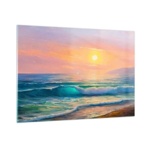 Quadro su vetro - Paesaggio marino con onde e tramonto nelle tonalità turchesi - 100x70cm - Il canto turchese delle onde - Decorazione murale moderna per soggiorno e camera da letto ARTTOR