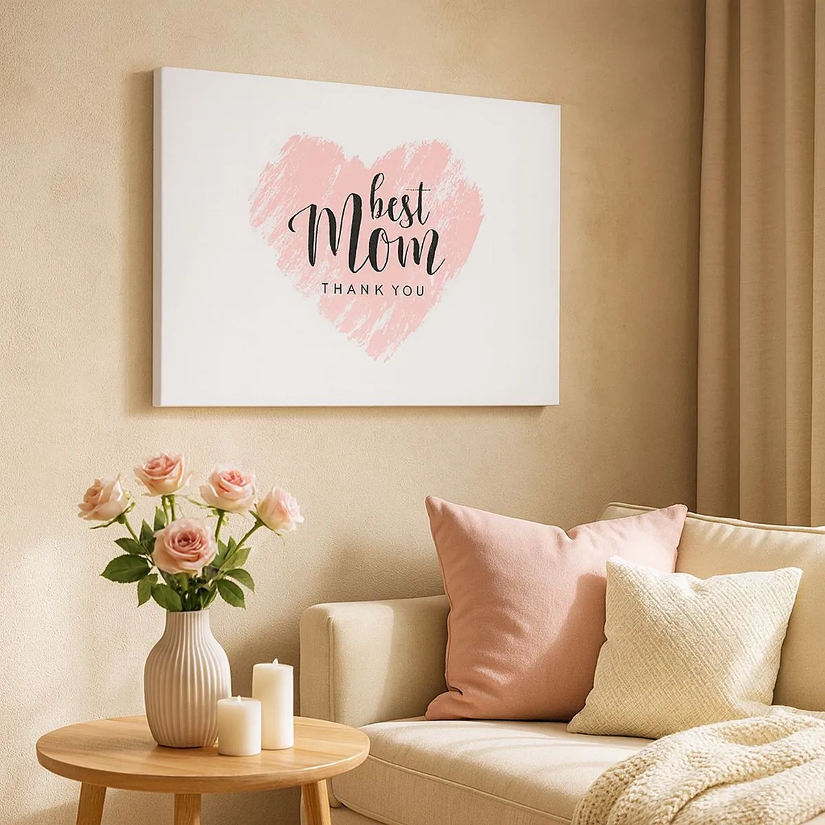 Quadro su tela - Stampe su Tela - Cuore rosa con la scritta "Grazie mamma" su sfondo bianco - 70x50cm - È sempre il momento giusto - Decorazione murale moderna per soggiorno e camera da letto ARTTOR
