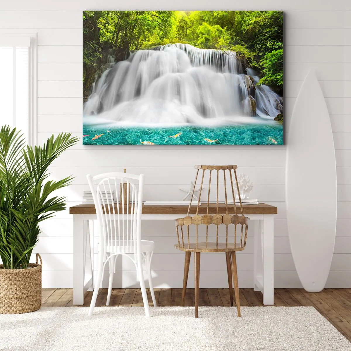Quadro su tela - Stampe su Tela - Una cascata in una foresta tropicale con acqua turchese - 70x50cm - Cascata spumeggiante dal verde all'azzurro - Decorazione murale moderna per soggiorno e camera da letto ARTTOR