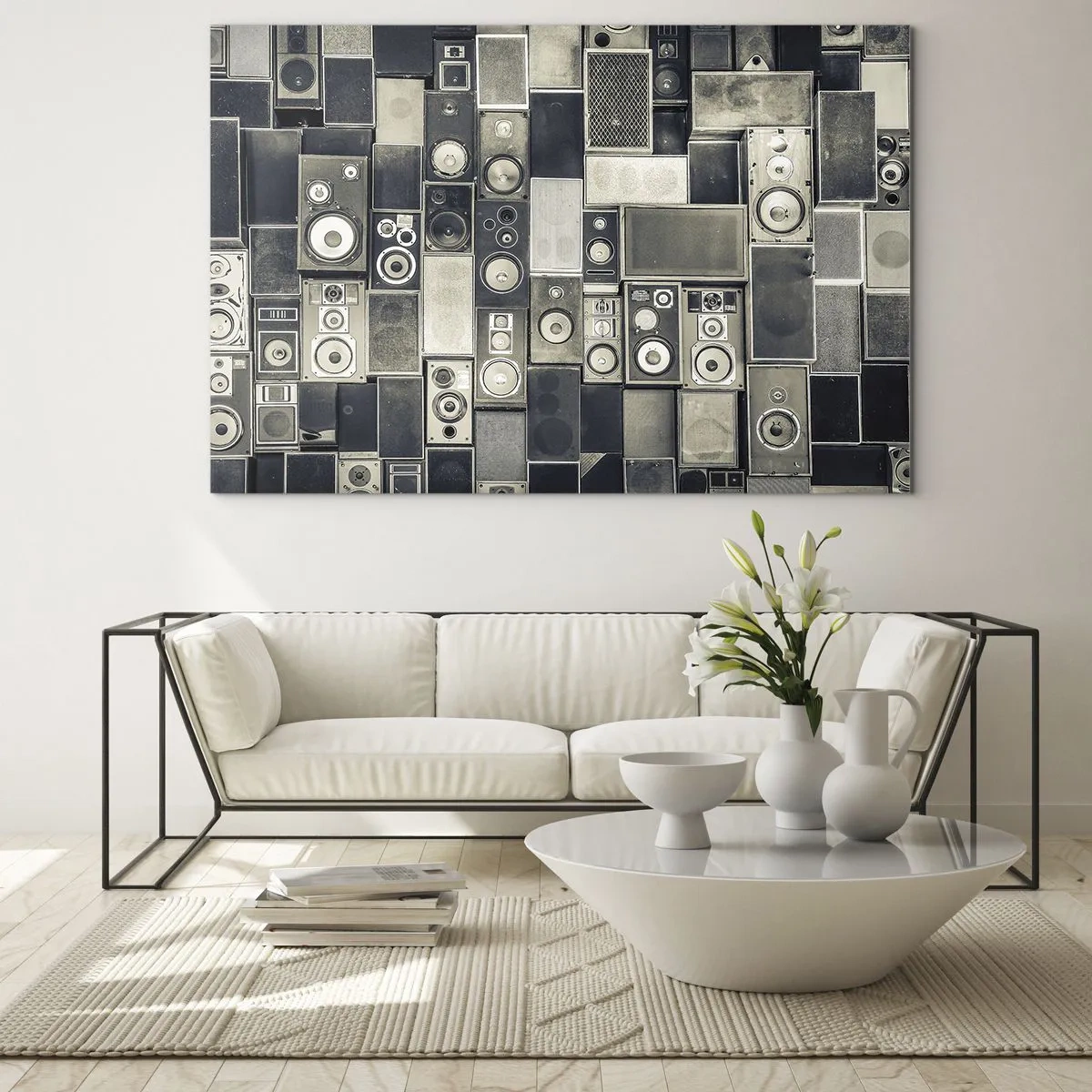 Quadro su vetro - Una composizione di altoparlanti retrò in tonalità di grigio - 70x50cm - Armonia di suoni - Decorazione murale moderna per soggiorno e camera da letto ARTTOR