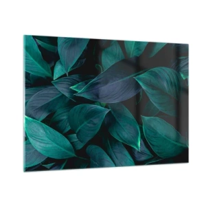Quadro su vetro - Foglie verdi dense su uno sfondo scuro - 100x70cm - Il verde puro - Decorazione murale moderna per soggiorno e camera da letto ARTTOR