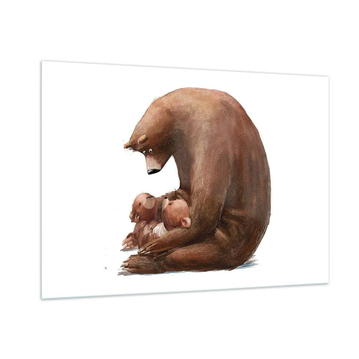 Quadro su vetro - Una mamma orsa che abbraccia due piccoli orsacchiotti - 100x70cm - Sogni d'oro, bambini - Decorazione murale moderna per soggiorno e camera da letto ARTTOR