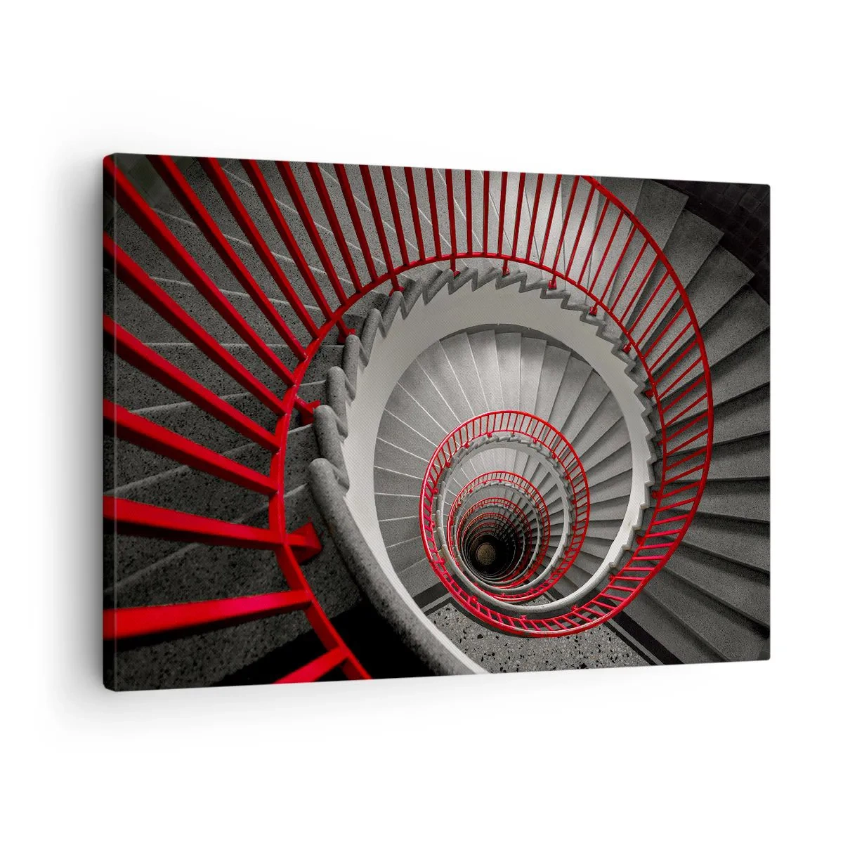 Quadro su tela - Stampe su Tela - Scala a chiocciola con corrimano rossi in prospettiva dinamica - 70x50cm - I giochi dell'architettura - Decorazione murale moderna per soggiorno e camera da letto ARTTOR