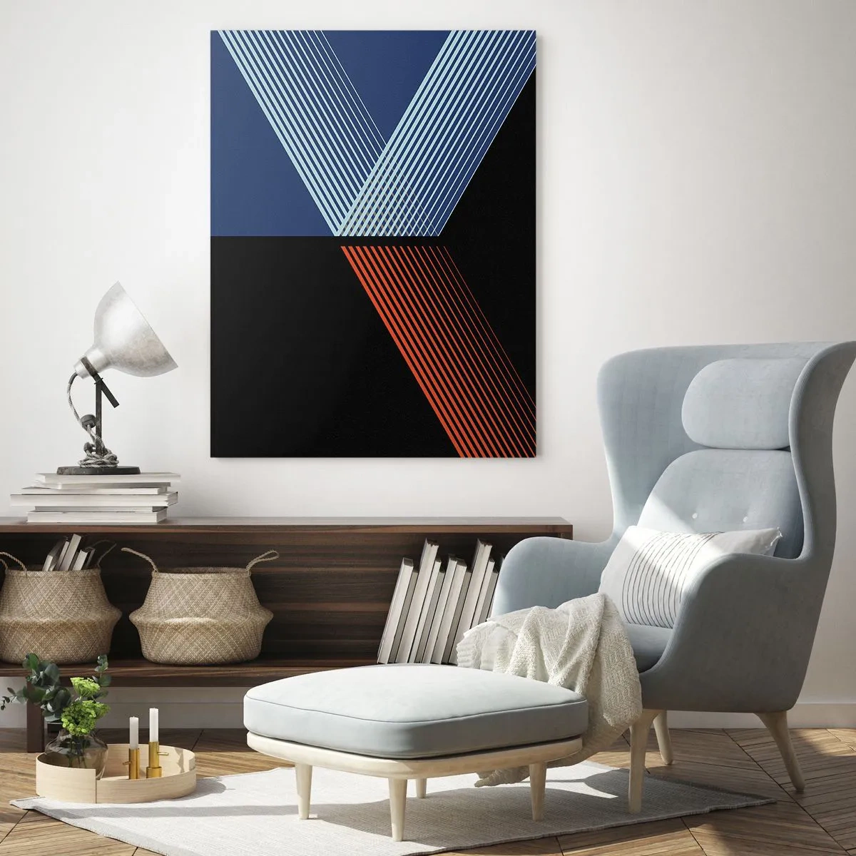 Quadro su vetro - Linee geometriche nei toni del rosso e del blu - 70x100cm - Una storia semplice - Decorazione murale moderna per soggiorno e camera da letto ARTTOR