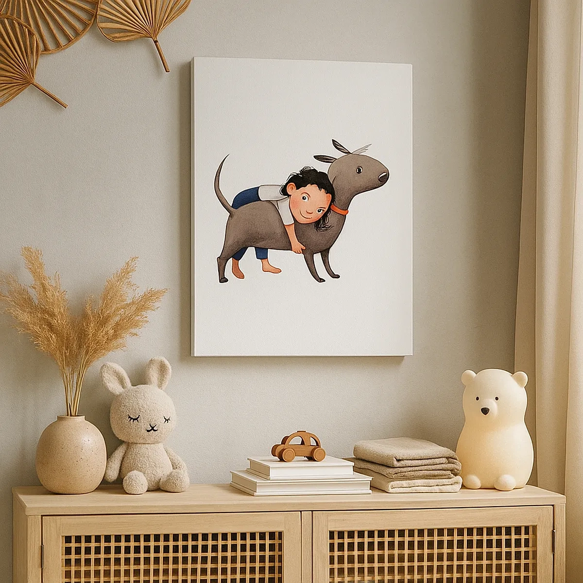 Quadro su tela - Stampe su Tela - Illustrazione in stile cartone animato di un bambino che abbraccia un cane - 50x70cm - I migliori amici - Decorazione murale moderna per soggiorno e camera da letto ARTTOR