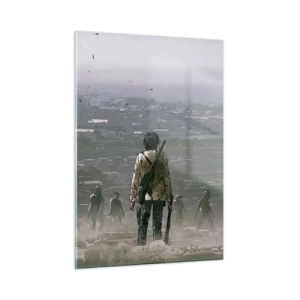Quadro su vetro - Una figura con un fucile nello scenario oscuro di un gruppo in avvicinamento - 50x70cm - L'ultimo dei giusti? - Decorazione murale moderna per soggiorno e camera da letto ARTTOR