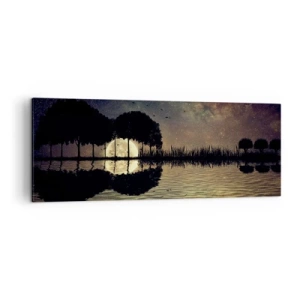 Quadro su tela - Stampe su Tela - Una notte magica con gli alberi e la luna riflessa sull'acqua - 140x50cm - Notte ai confini del mondo - Decorazione murale moderna per soggiorno e camera da letto ARTTOR