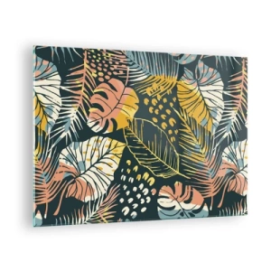 Quadro su vetro - Un motivo di foglie tropicali dai colori vivaci, pieno di energia ed esotismo. - 70x50cm - Fantasia di foglie - Decorazione murale moderna per soggiorno e camera da letto ARTTOR