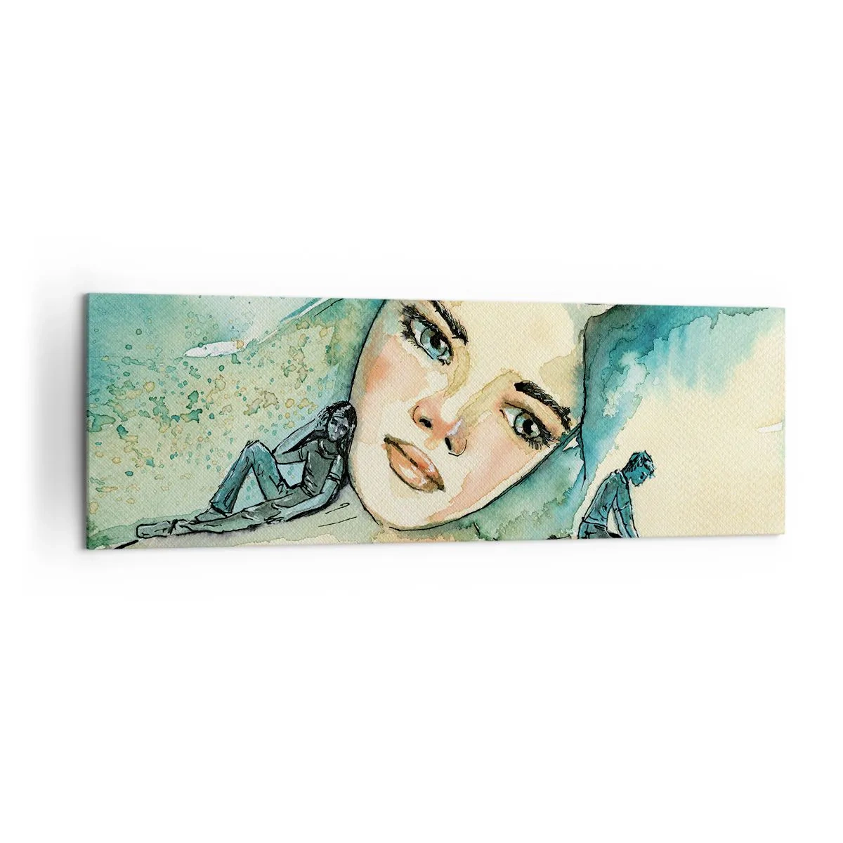 Quadro su tela - Stampe su Tela - Acquerello del volto di una donna con motivo riflettente - 160x50cm - Am I blue? - Decorazione murale moderna per soggiorno e camera da letto ARTTOR