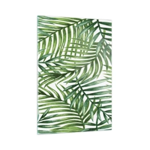 Quadro su vetro - Foglie di palma verdi su sfondo bianco che creano un motivo geometrico - 50x70cm - Sotto un baldacchino verde - Decorazione murale moderna per soggiorno e camera da letto ARTTOR