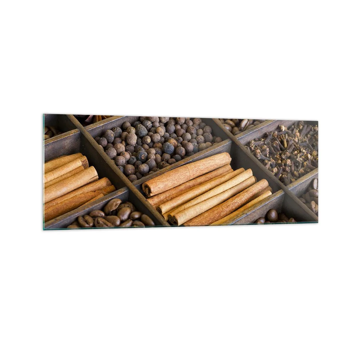 Quadro su vetro - Spezie e caffè in scomparti di legno - 140x50cm - Il tesoro degli aromi - Decorazione murale moderna per soggiorno e camera da letto ARTTOR