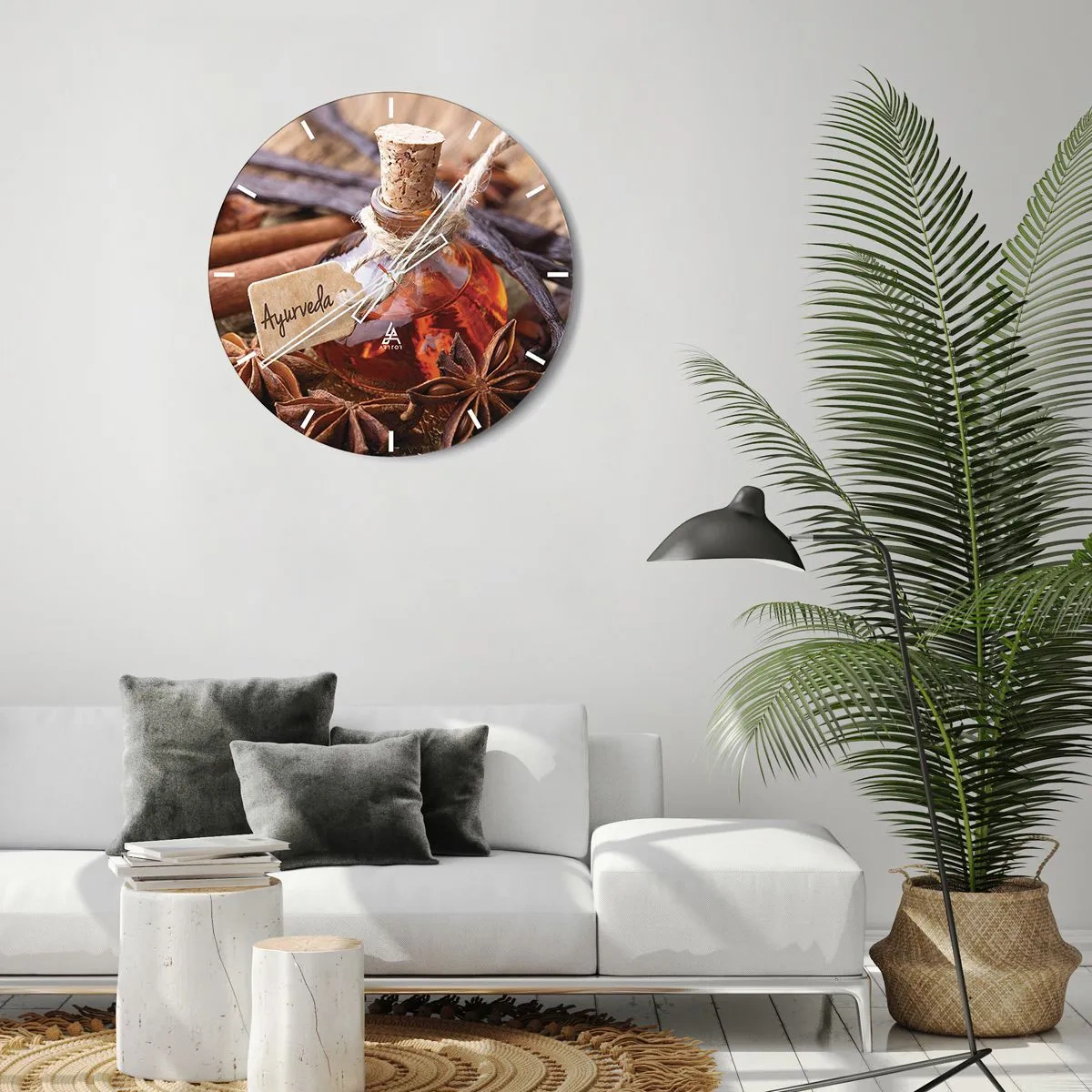 Orologio da parete - Orologio in Vetro - Una bottiglia di spezie circondata da anice e vaniglia - 30x30cm - Verso l'unità del corpo e dell'anima - Decorazione murale moderna per soggiorno, cucina e camera da letto ARTTOR