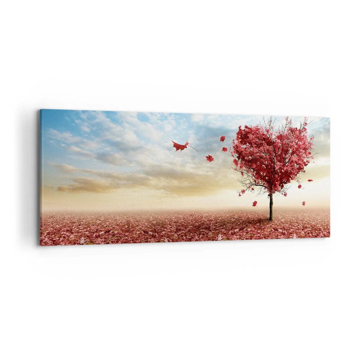 Quadro su tela - Stampe su Tela - Un albero solitario a forma di cuore in un campo di foglie rosse - 120x50cm - Ama questo autunno - Decorazione murale moderna per soggiorno e camera da letto ARTTOR
