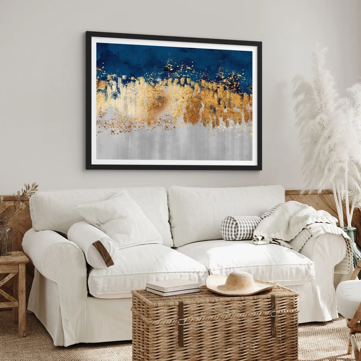 Poster in cornice nera - Una composizione astratta nei toni dell'oro e del blu navy. - 70x50cm - Composizione moderna con bagliore - Decorazione murale moderna per soggiorno e camera da letto ARTTOR
