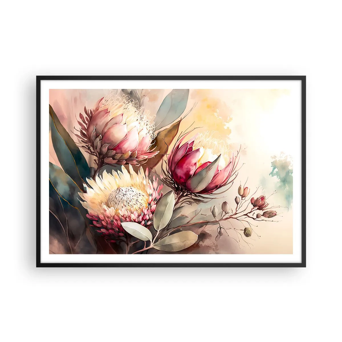 Poster in cornice nera - Fiori di protea in delicate tonalità pastello - 100x70cm - Di profilo e di fronte - Decorazione murale moderna per soggiorno e camera da letto ARTTOR