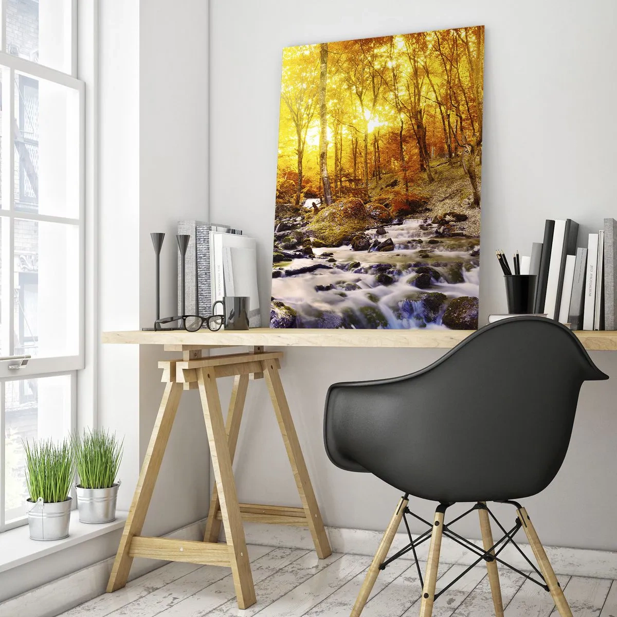 Quadro su vetro - Foresta autunnale con ruscello tra foglie dorate - 70x100cm - Pietre incorniciate in oro e platino - Decorazione murale moderna per soggiorno e camera da letto ARTTOR