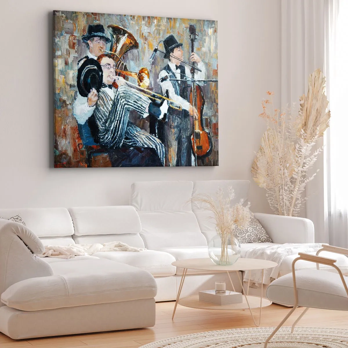 Quadro su tela - Stampe su Tela - Musicisti jazz in stile pittorico durante un concerto - 120x80cm - Tutto il jazz - Decorazione murale moderna per soggiorno e camera da letto ARTTOR