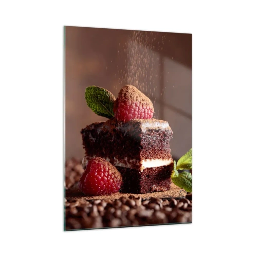 Quadro su vetro - Dessert al cioccolato con lamponi e foglie di menta - 50x70cm - La vita è dolce - Decorazione murale moderna per soggiorno e camera da letto ARTTOR