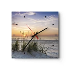 Orologio da parete - Orologio in Vetro - Una spiaggia sabbiosa al tramonto con l'erba sullo sfondo - 30x30cm - Guarda, pensa, senti - Decorazione murale moderna per soggiorno e camera da letto ARTTOR