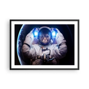 Poster in cornice nera - Un gatto in tuta da astronauta con la Terra sullo sfondo e una luce intensa. - 70x50cm - Houston, avete un problema - Decorazione murale moderna per soggiorno e camera da letto ARTTOR